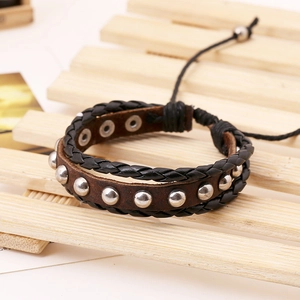 Retro punk double-layer leather bracelet with silver rivets and adjustable cord