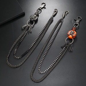 Punk style skull trousers chain with heavy metal alloy links and cowhide leather details