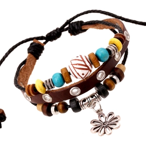 Vintage Mehrlagiges Echtes Leder Perlenarmband Für Damen Herren Handgefertigtes Ethno Geflochtenes Verstellbares Blumenanhänger Armband Schmuck