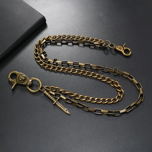 Double-layered punk trousers chain with dagger pendant and skull lobster clasp detail