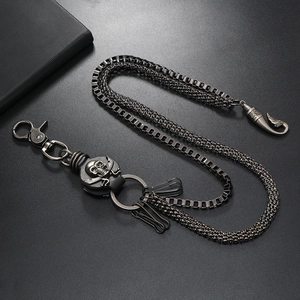 Punk style double chain wallet belt with skull pendant and cowhide leather details