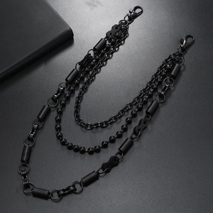 Three-layer black punk style waist chain with bead and spring links for pants
