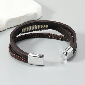 Multilayer woven dark brown leather bracelet for men with silver magnetic clasp and metal bars