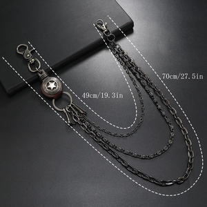 Retro punk leather trouser chain with layered silver pentagram stars and carabiner clips