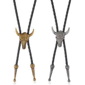 Western Longhorn Bull Skull Bolo Tie Retro Alloy Pendant Adjustable Synthetic Leather Cord Cowboy Necklace Jewelry Gift