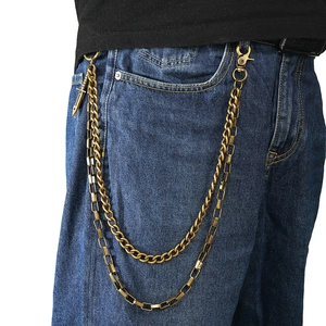 Punk style double-layered bronze metal waist chain with sword pendant on denim jeans