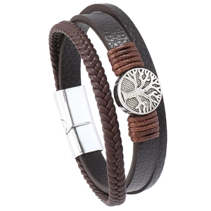 Bracelet Homme Multicouche en Cuir Artificiel Arbre de Vie Charm en Alliage Fermoir Magnétique Cordon Tressé Punk Bijoux Décontractés
