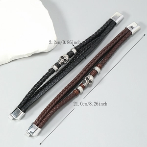 Punk multilayer woven leather skull bracelet with magnetic clasp for men in black and brown