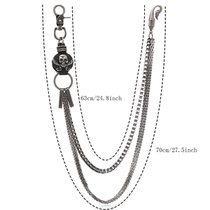 Detail view of multi-layer punk metal waist chain with specific length measurements