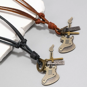 Vintage punk guitar pendant necklace with leather cord and engraved alloy charms
