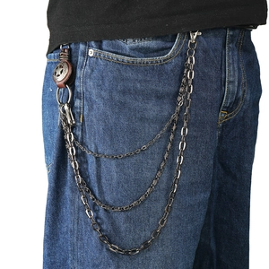 Retro punk multi-layer black metal trouser chain with leather star badge on denim