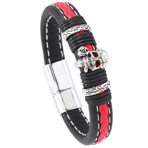 Punk Men Braided Artificial Leather Bracelet Silver Alloy Skull Charm Magnetic Clasp European Retro Hand Jewelry Gift For Women Men