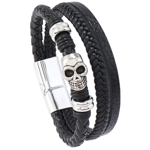 Men's multilayer punk braided leather bracelet with silver skull charm and magnetic clasp