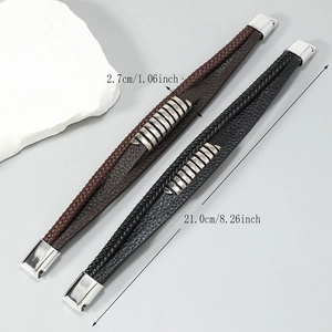 Men's multilayer braided leather bracelet with magnetic clasp and silver metal rings