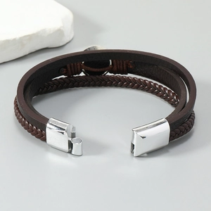 Bracelet multicouche en cuir marron pour homme avec fermoir magnétique Arbre de Vie