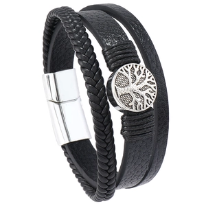 Bracelet pour homme en cuir tressé avec pendentif Arbre de Vie et fermoir magnétique
