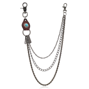 Men's Retro Three Layer Pant Chain With Cowhide Leather Metal Punk Hip Hop Waist Chain Decorative Stone Keyring Chain