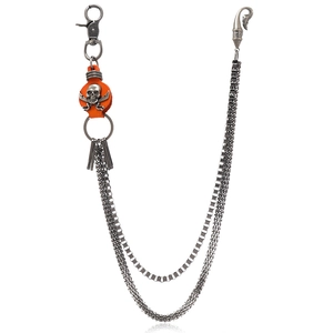 Multi-layer punk metal waist chain with orange leather patches and skull relief