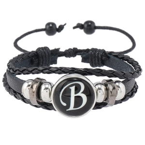 Handmade multilayer black leather bracelet with silver beads and letter B charm