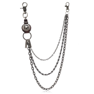 Retro multi-layer punk trouser chain with five-pointed star leather badge and metal carabiners