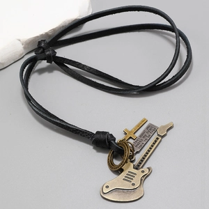 Vintage leather cord necklace featuring bronze guitar and cross pendants for a rock look