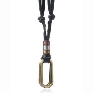 Adjustable retro cowhide leather sweater necklace with bronze oval double rings and metal accents