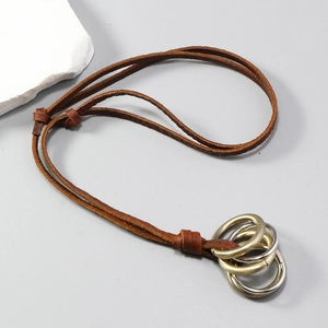 Vintage adjustable leather necklace with layered metallic rings for men and women