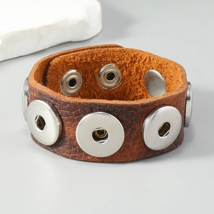 Vintage brown leather wide bracelet with adjustable silver metal snap buttons
