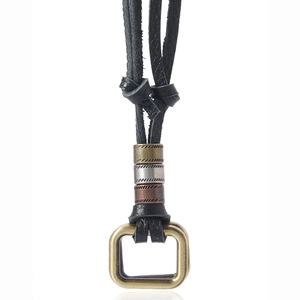 Vintage Handmade Cowhide Leather Pendant Necklace Adjustable Alloy Geometric Square Ring Long Sweater Chain For Unisex Jewelry