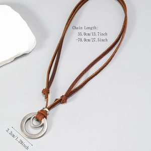 Retro brown leather necklace with adjustable length and silver double ring pendant