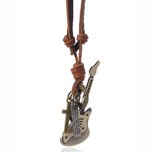 Vintage Guitar Pendant Necklace Handmade Genuine Leather Cord Punk Rock Cross Charm Adjustable Long Necklace Jewelry For Men Women