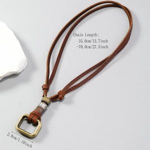 Retro double-ring pendant leather necklace with adjustable braided brown cord for daily wear
