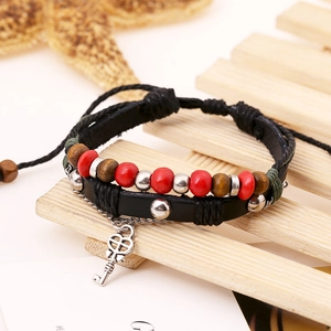 Multilayer bohemian leather bracelet with colorful wooden beads and silver key pendant