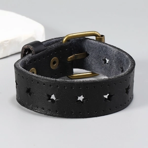 Bracelet rétro en cuir noir avec étoiles découpées et boucle en bronze antique