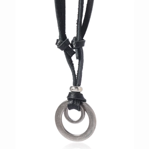 Vintage double ring pendant on black leather cord, retro style long necklace for men