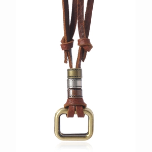 Retro double-ring pendant leather necklace with vintage bronze and silver metal accents
