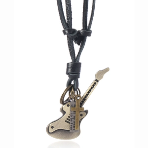 Retro leather necklace with bronze guitar, cross and engraved tag pendants for men and women