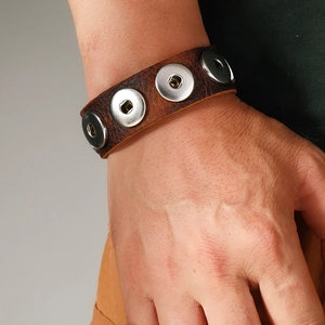 Vintage brown wide leather bracelet with five silver metal studs for punk fashion style