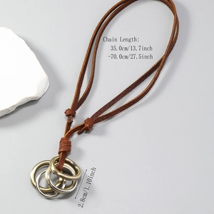 Adjustable multi-strand cowhide leather necklace with triple ring metal pendant