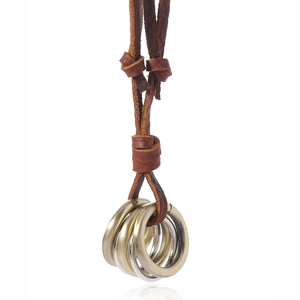 Adjustable multi-layer brown leather necklace with vintage gold and silver metal rings
