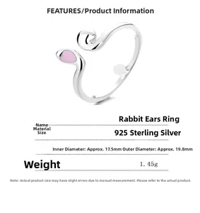 Détails techniques de la bague oreilles de lapin en argent 925 avec émail rose et mesures