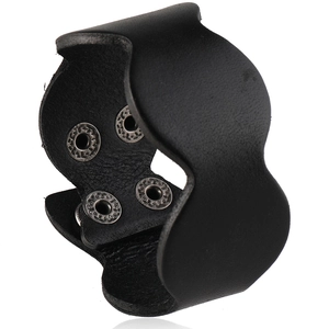 Retro black leather wristband with wavy edges and adjustable silver metal snap fasteners