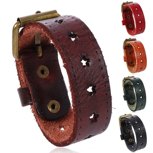 Bracelet en Cuir de Vachette Vintage Fait Main Avec Étoiles Ajourées Punk Rock Réglable Unisexe Bijoux en Alliage