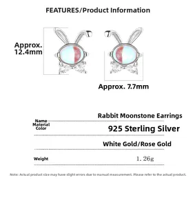 Detailed size specifications of 925 silver rabbit stud earrings with moonstone and zircon
