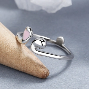Bague ouverte en argent sterling 925 avec d'adorables oreilles de lapin en émail rose