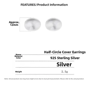 Macro shot of 925 sterling silver half-round stud earrings with 12mm diameter specifications