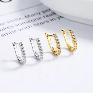 925 Sterling Silver U Shaped Hoop Earrings For Women Elegant Rhinestone Inlaid Fashion Jewelry Huggie Earrings