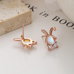 925 silver bunny stud earrings with rose gold finish and round moonstone