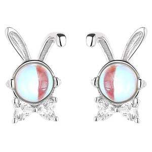 925 silver bunny stud earrings featuring moonstone and heart-shaped zircon accents