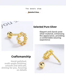 Detail of S925 sterling silver screw back stud earring with cubic zirconia accents